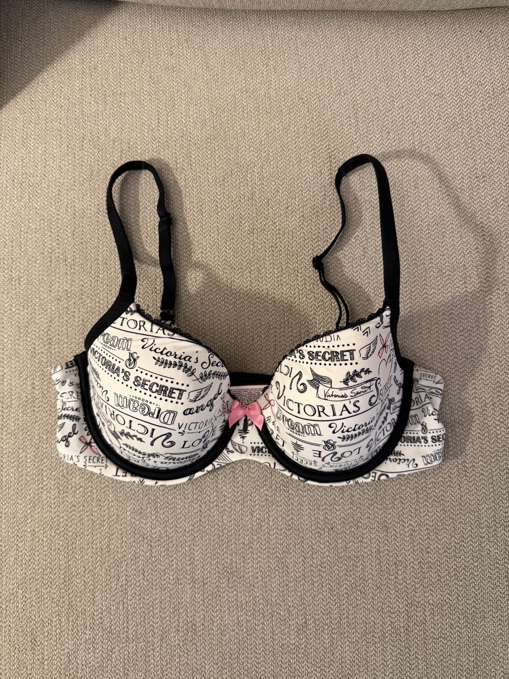 Victoria's Secret Black & White Script Push-Up Bra with Pink Bow Accent